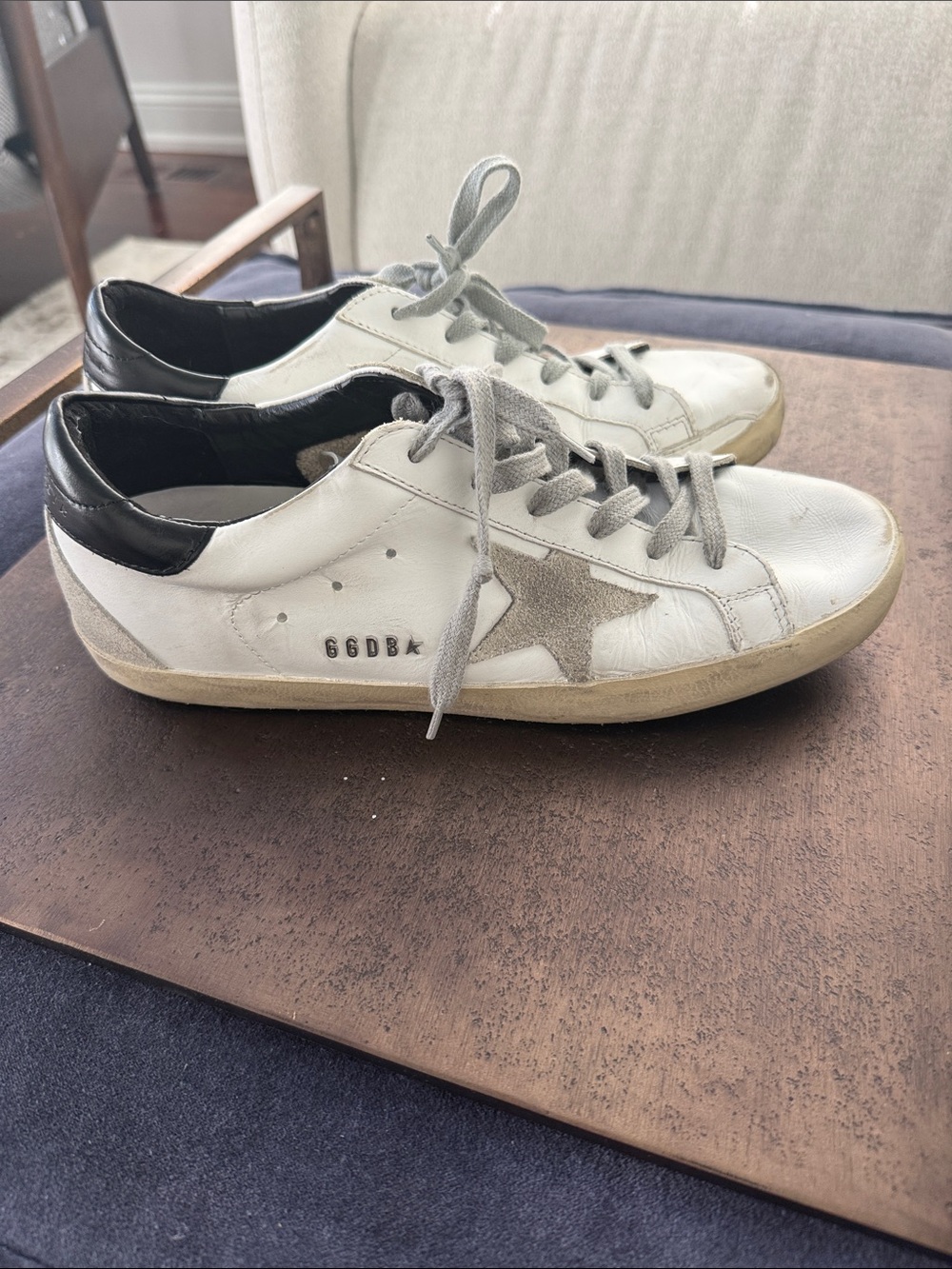 Golden Goose White Leather Sneakers with Gray Star and Black Heel